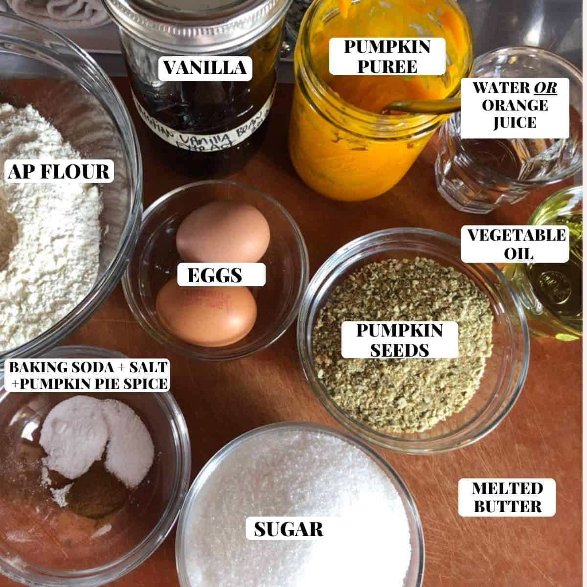 Labeled pumpkin muffin recipe ingredients for homemade pumpkin muffins from scratch.
