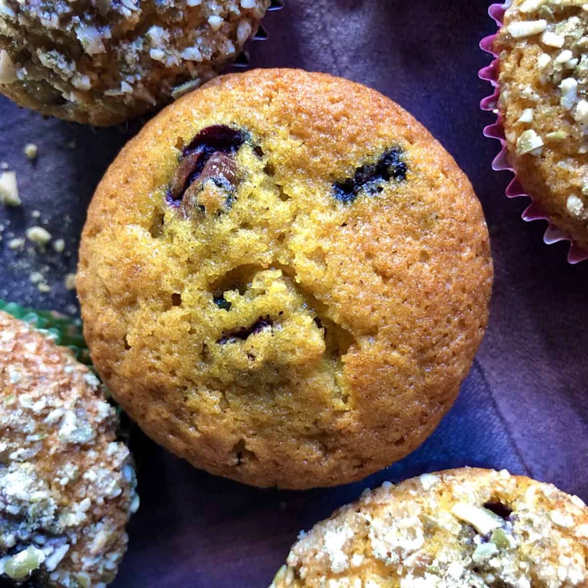 A blueberry pumpkin muffin with no topping showing the golden dome with blueberries throughout.
