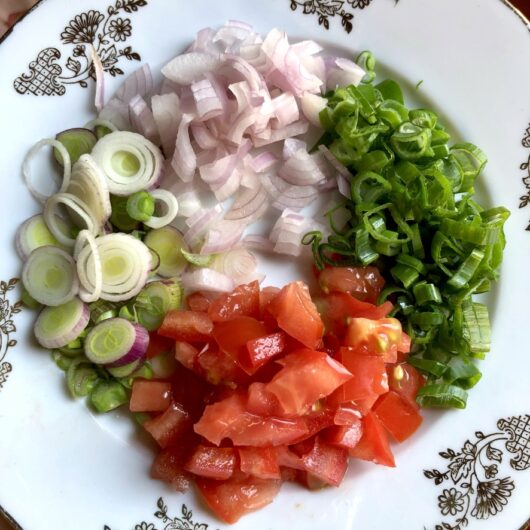 tinga taco toppings on a plate (diced tomatoes, onions, and scallions)