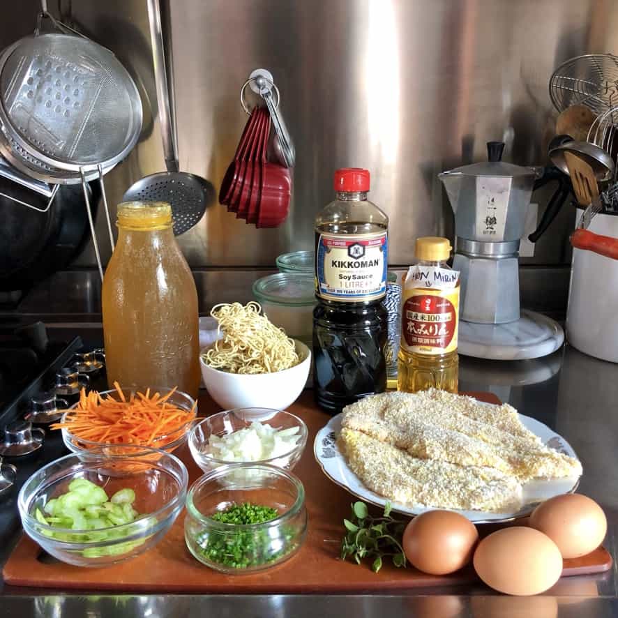 all the ingredients for ramen-style chicken noodle soup