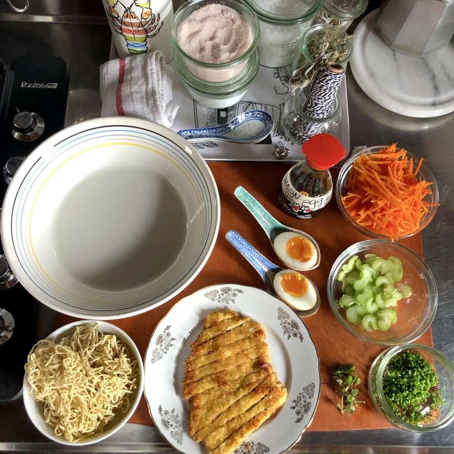 All of the mis en place of ingredients ready for the final cooking and assembly of the soup