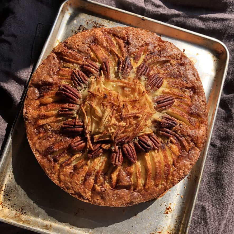 fully baked Italian apple cake with the springform pan removed
