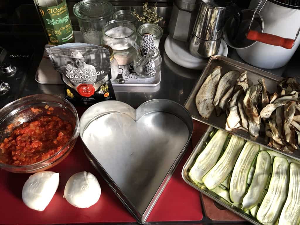 all the ingredients to make a 2-person eggplant and zucchini parmigiana