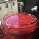 easy homemade Strawberry Jam Sauce in a ball canning jam jar.