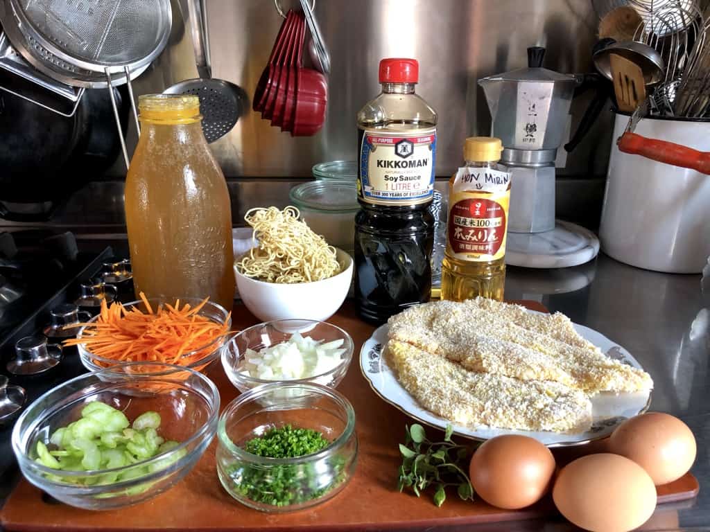 all the ingredients for ramen-style chicken noodle soup