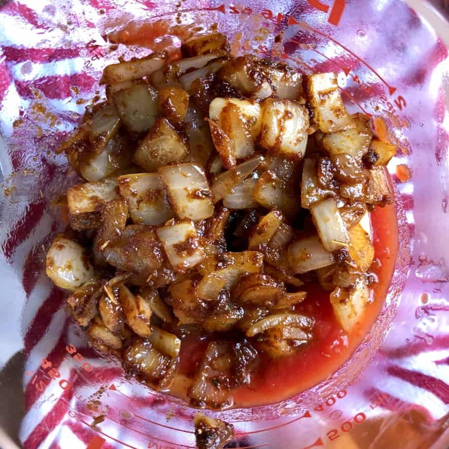 top down view of onions with tomatoes