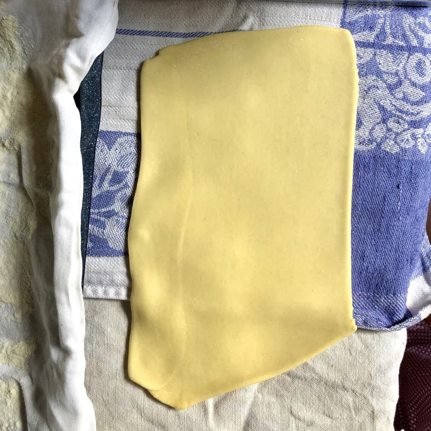 a smooth square of just rolled pasta dough that has been rolled on #3 setting (it's getting longer)