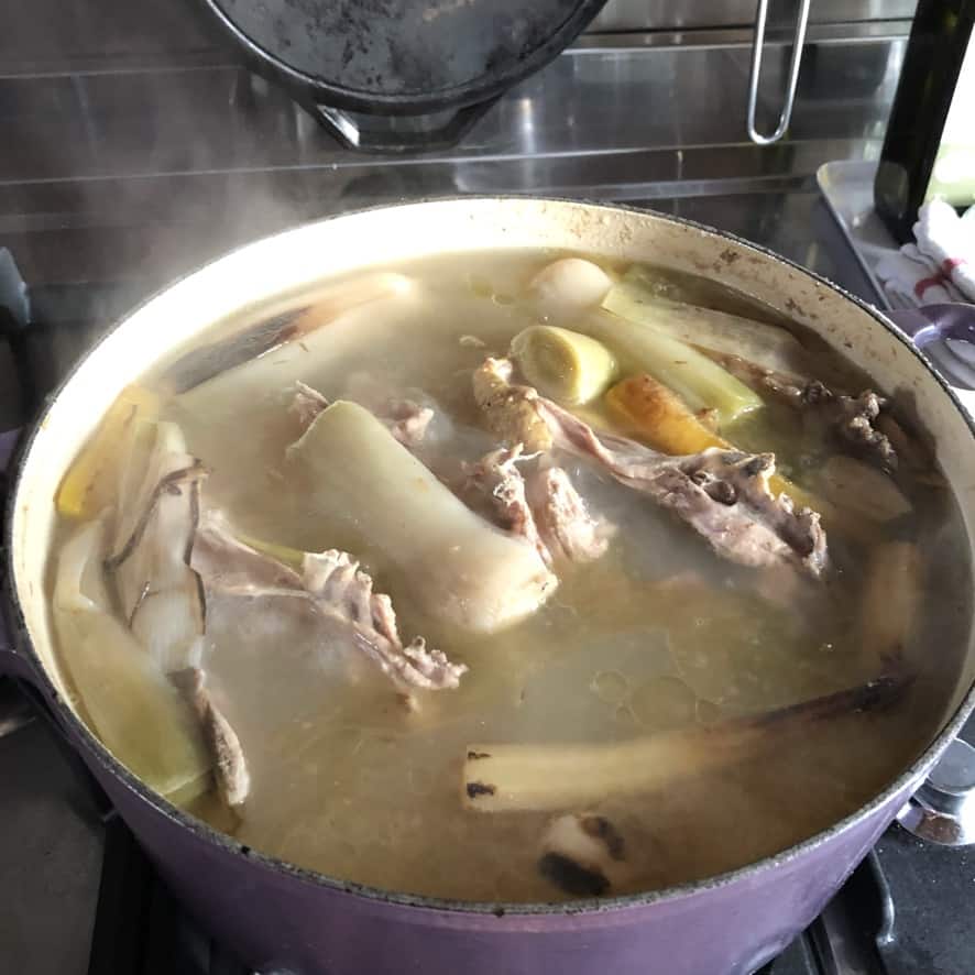 2 hours of cooking the broth this is what it looks like (in the dutch oven)