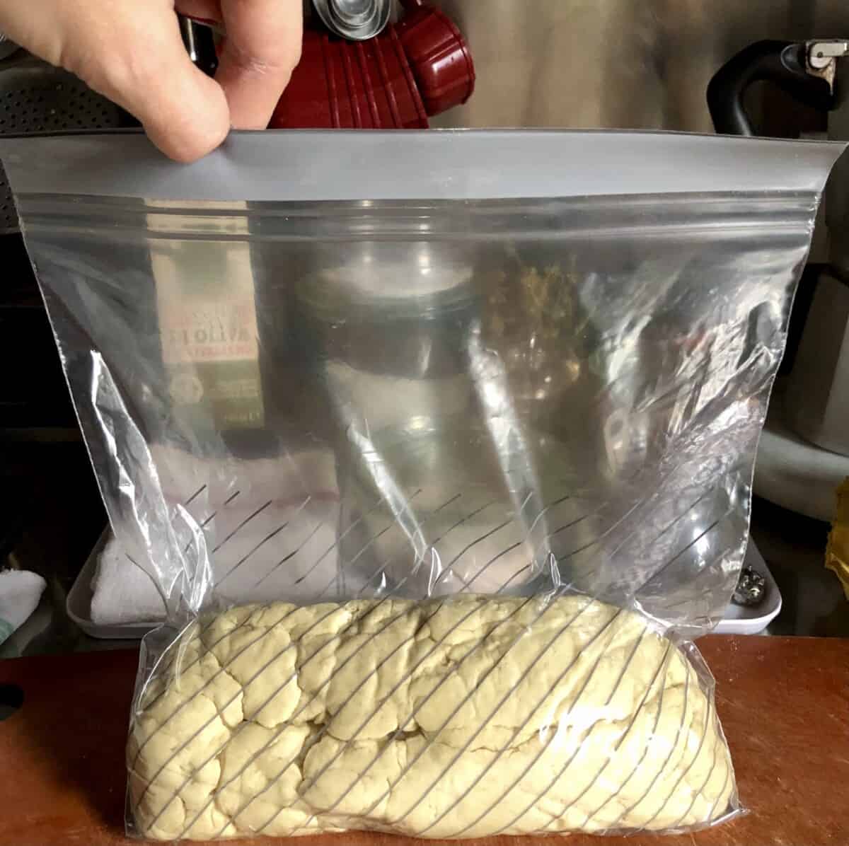ramen noodle dough in a ziplock bag to rest before rolling it out