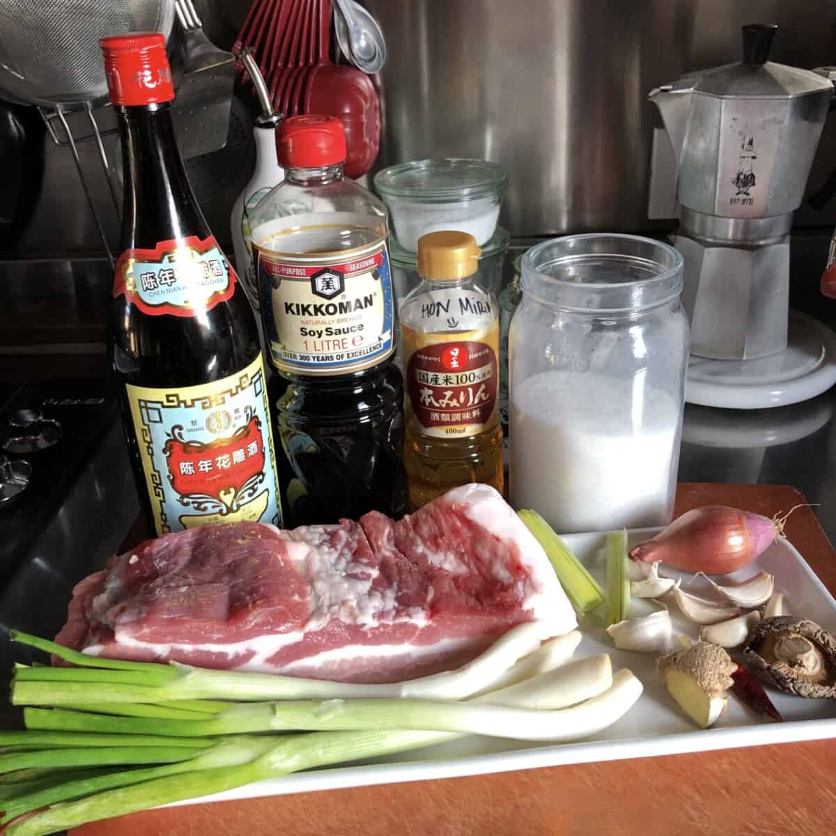 Pork chashsu ingredients on a cutting board with Shaoxing wine being substituted for sake.