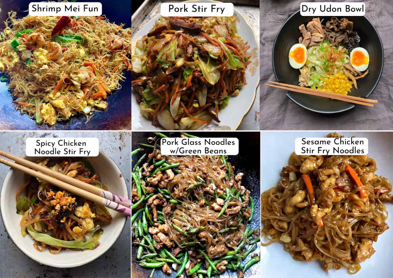 A 6-photo collage of various ways to use leftover ramen marinade other than for making a ramen egg (showing noodle recipe, seasoning for a dry udon bowl, and pork stir fry and chicken stir fry dishes.