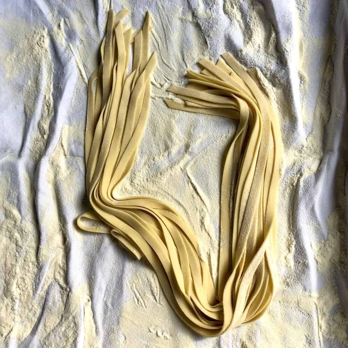 Perfect homemade egg noodles for chicken noodle soup resting on a flour-dusted tea towel, freshly cut and ready to cook from scratch.