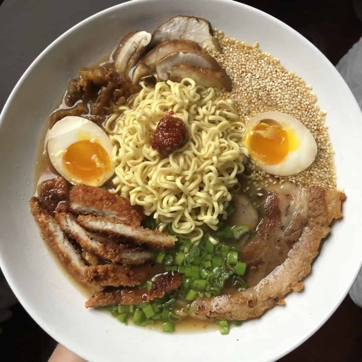 Tonkostu ramen with chashu pork, katsu chicken, and perfect marinated eggs for ramen (all homemade ramen toppings and broth).