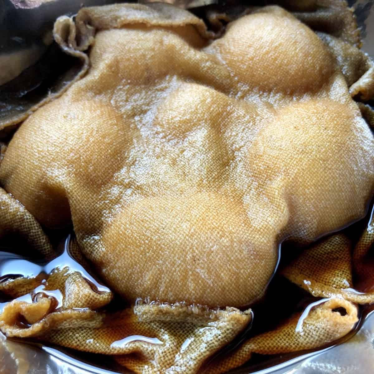 Japanese eggs in ramen egg marinade covered by cheesecloth soaked in soy sauce marinade.
