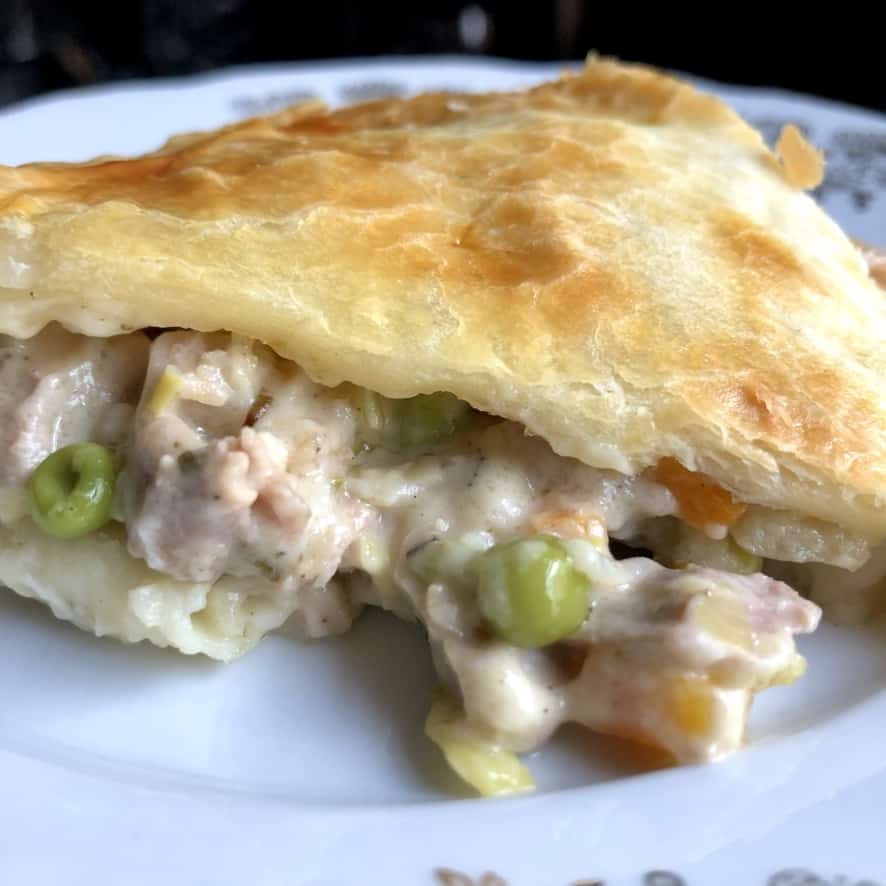 a closeup of the turkey pot pie revealing it's perfectly creamy interior...not runny, nor gummy, but just perfect
