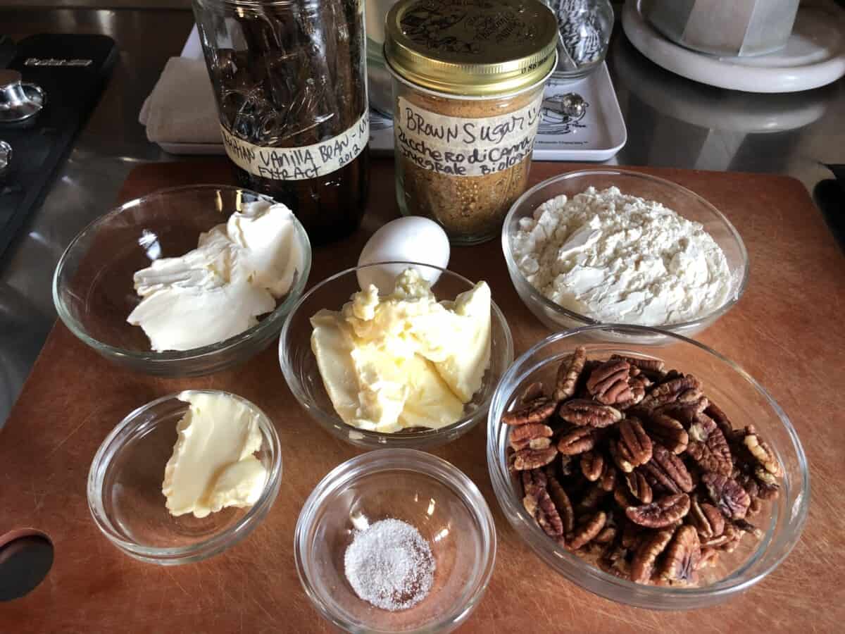 pecan tassie ingredients on a cutting board