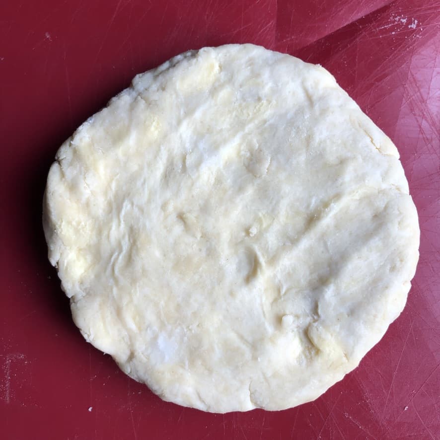 pie dough disc with flecks of butter and lard throughout