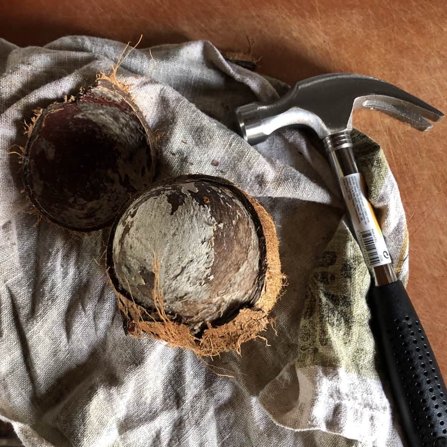 a hammer lying next to a semi-cracked coconut lying on a linen towel