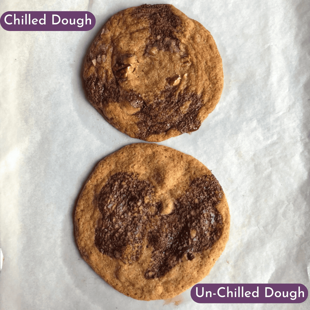 comparison of both cookies on the same sheet tray, slightly smaller chocolate (chilled) cookie on top and below it the un-chilled dough