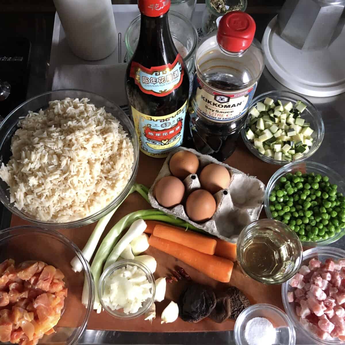 House Special fried rice ingredients on a cutting board (except the shrimp)