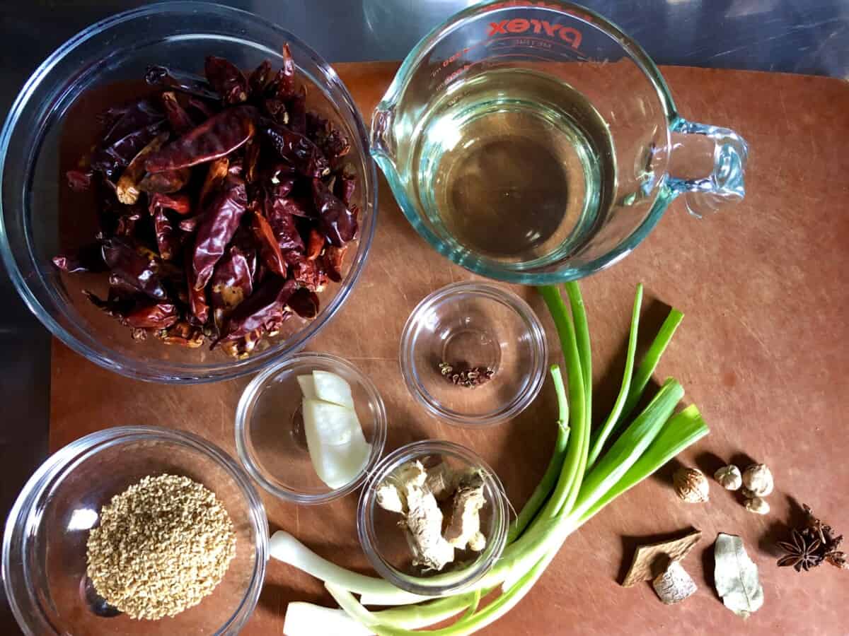 Sichuan chili oil ingredients on a cutting board