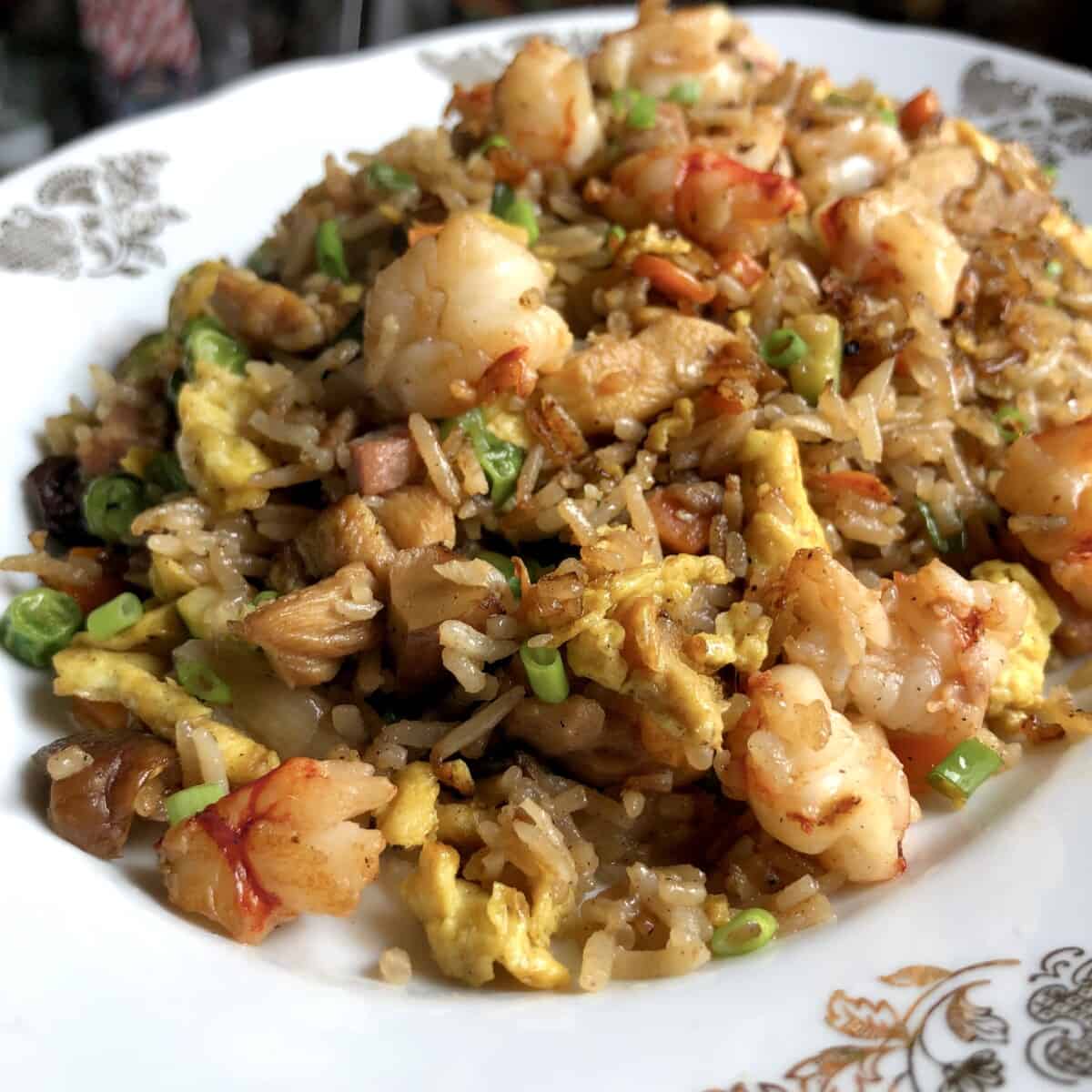 An oval serving platter with Yangzhou House special fried rice filled with shrimp, chicken, ham, egg, and vegetables.