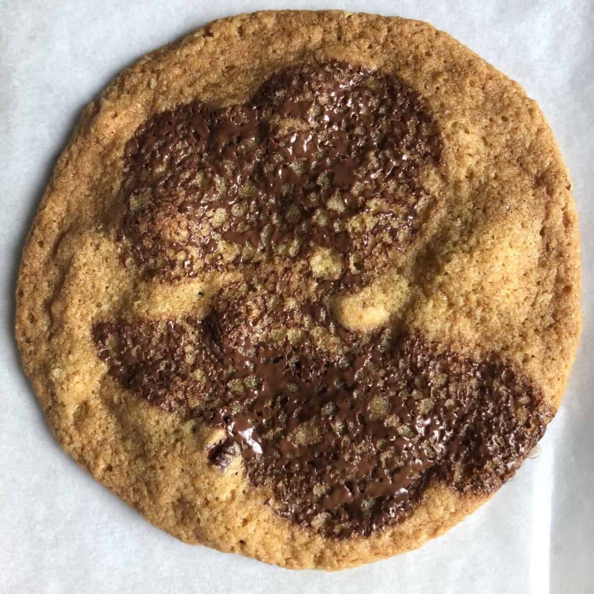Un-chilled dough baked chocolate chip pecan cookie very thin, soft, and chewy with large spread