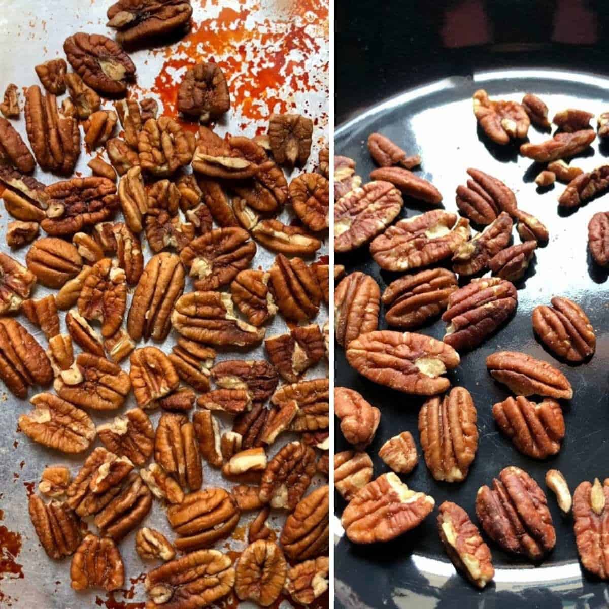 Two ways to toast pecans collage showing oven baked pecans on a sheet tray and toasted in a dry skillet.