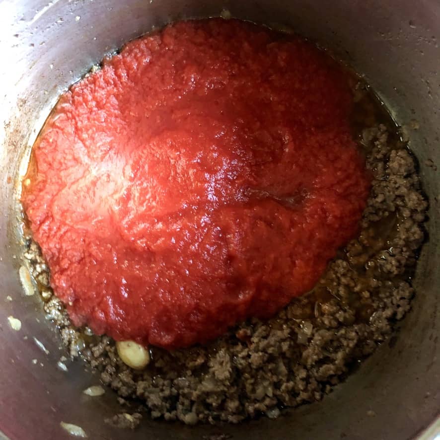 Abruzzo pear tomato passata added to the beef meat mixture