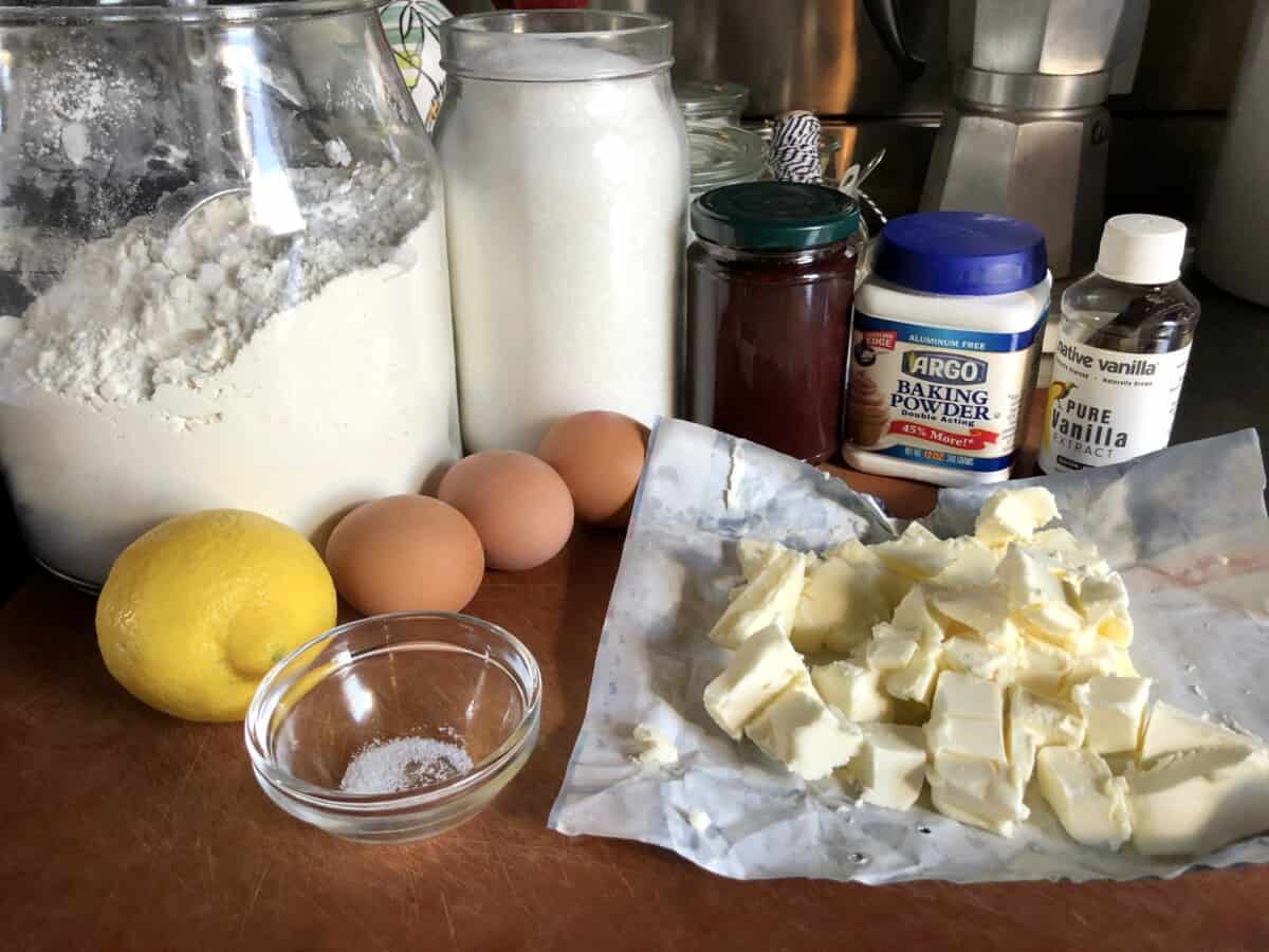 crostata di marmellata ingredients on a cutting board