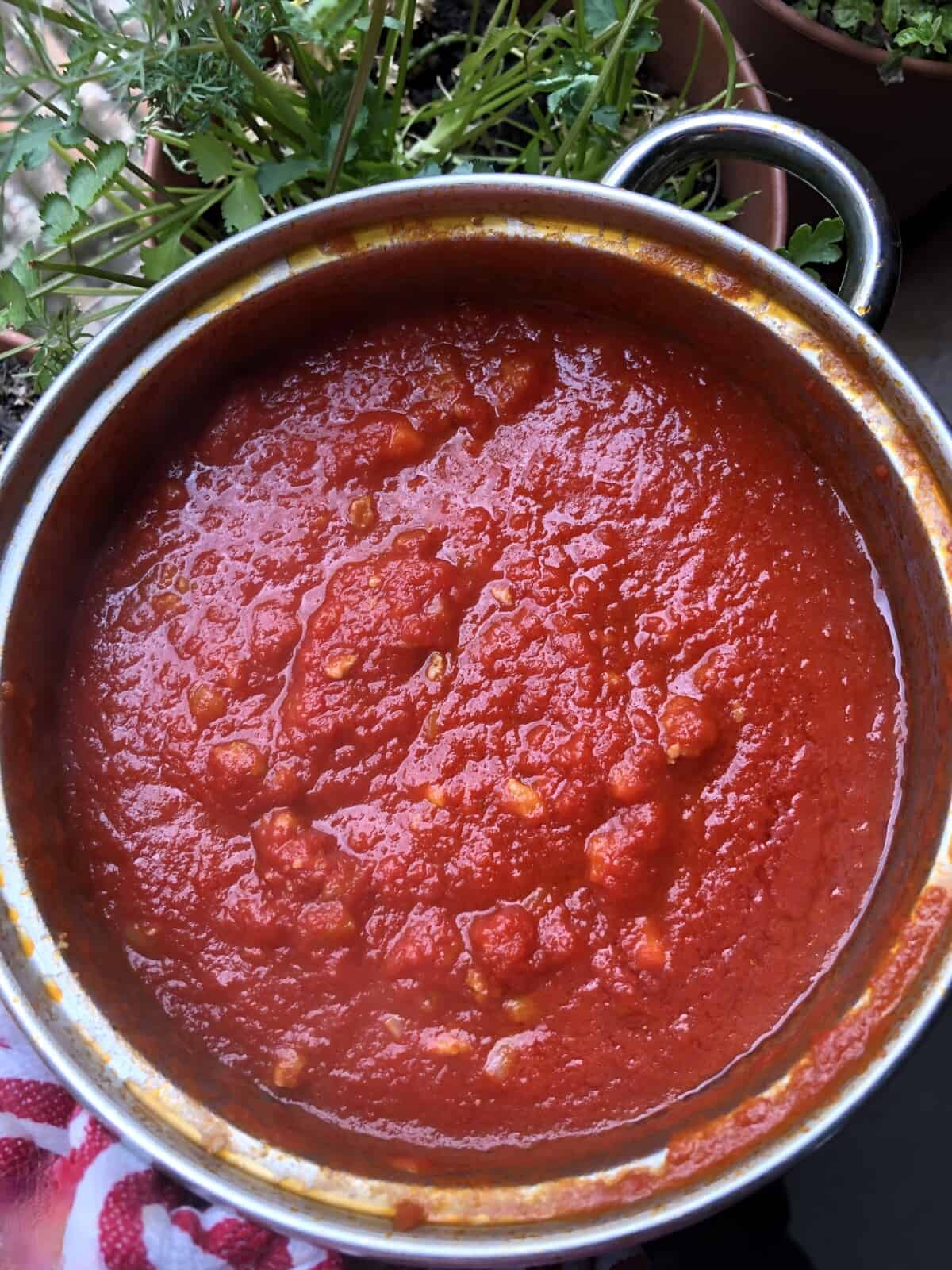 a pot of deep red tomato sauce ready for the pasta to be added