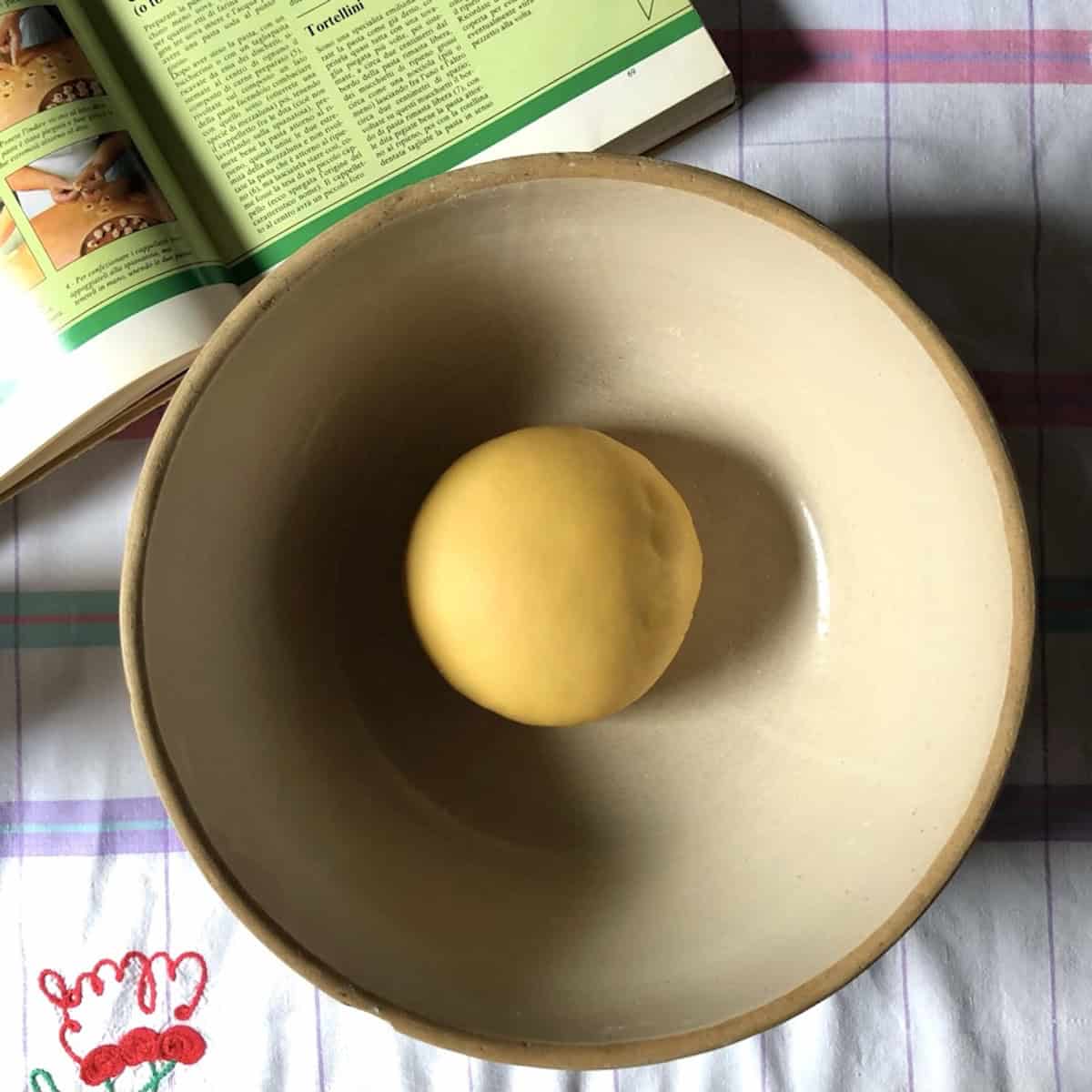 A well-rested semolina and 00 flour pasta dough ball ready to roll, homemade pasta with 00 flour and semolina rimacinata blend for the best semolina and 00 flour pasta recipe.