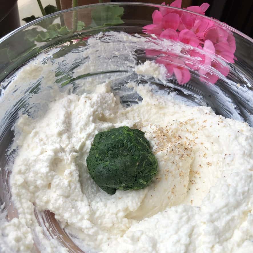 ricotta cheese with spinach a ball of strained, blanched spinach in the middle not yet stirred together