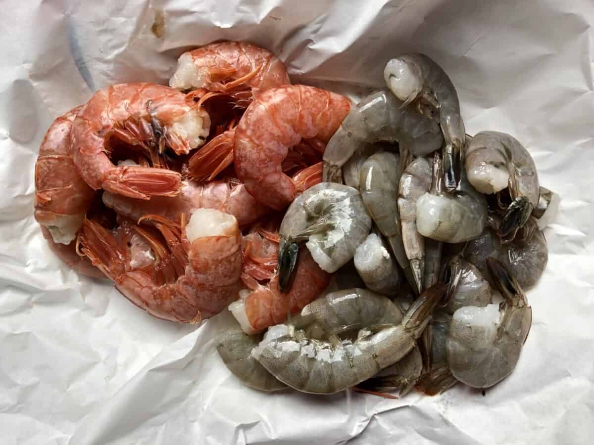 Royal Red Argentinian shrimp on the left (shell on) and blue shrimp on the right