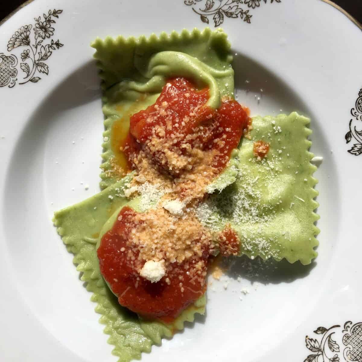 Homemade Ricotta and Parmigiano filled spinach ravioli