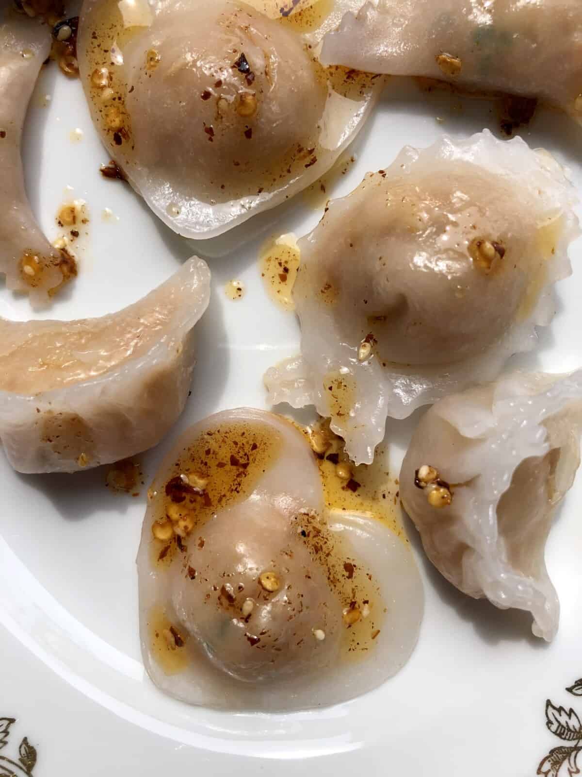 heart-shaped, wonton shaped, and regular shaped har gow shrimp dumplings
