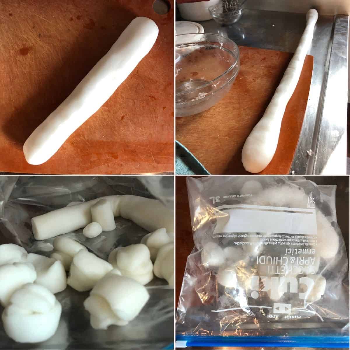 Har gow wrapper dough rolled into a log, cut into portioned balls, and stored in a freezer bag to stay hydrated while wrapping crystal shrimp dumplings.
