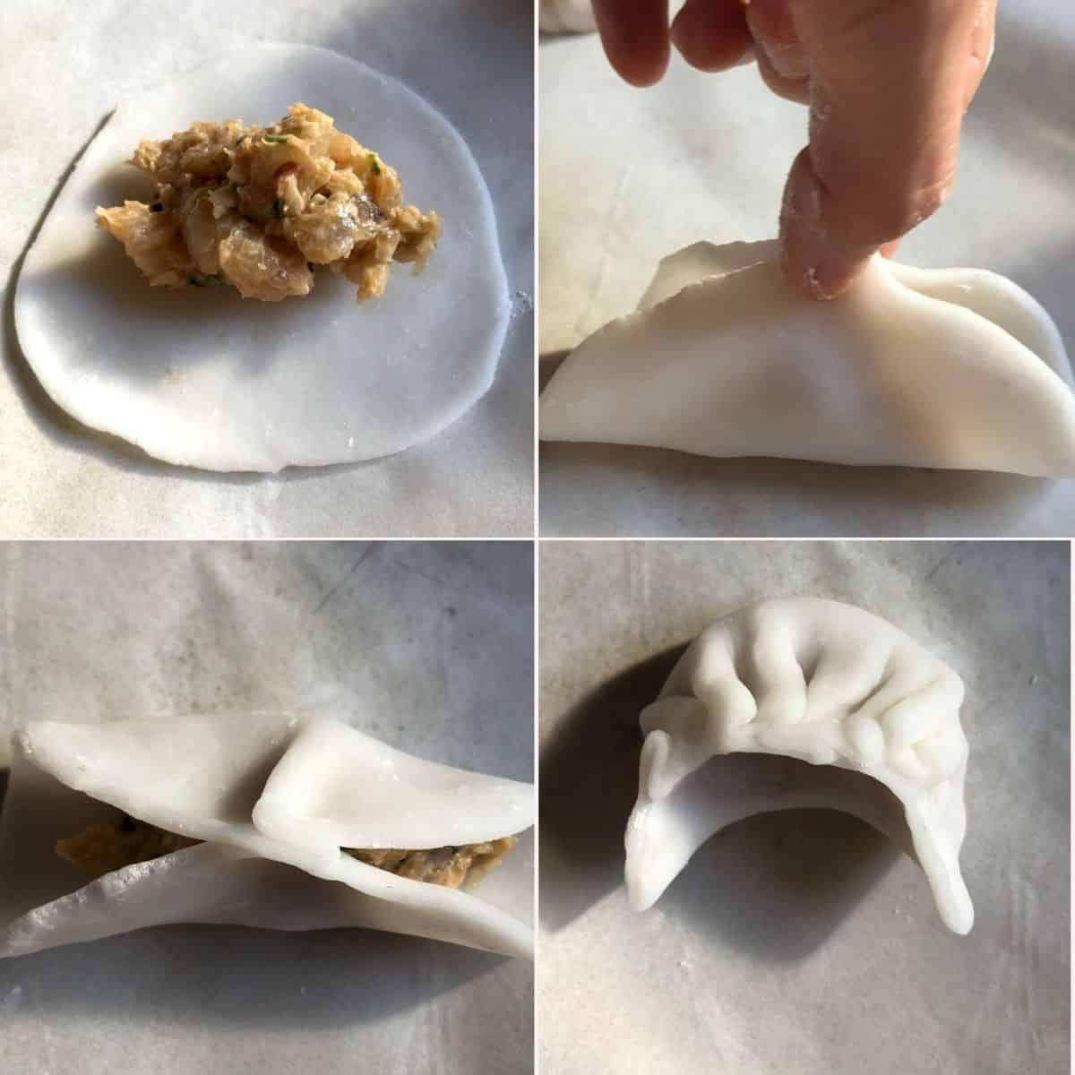 Four panel collage showing har gow filling added to a wrapper, pleating the edges, and sealing the dumpling closed.
