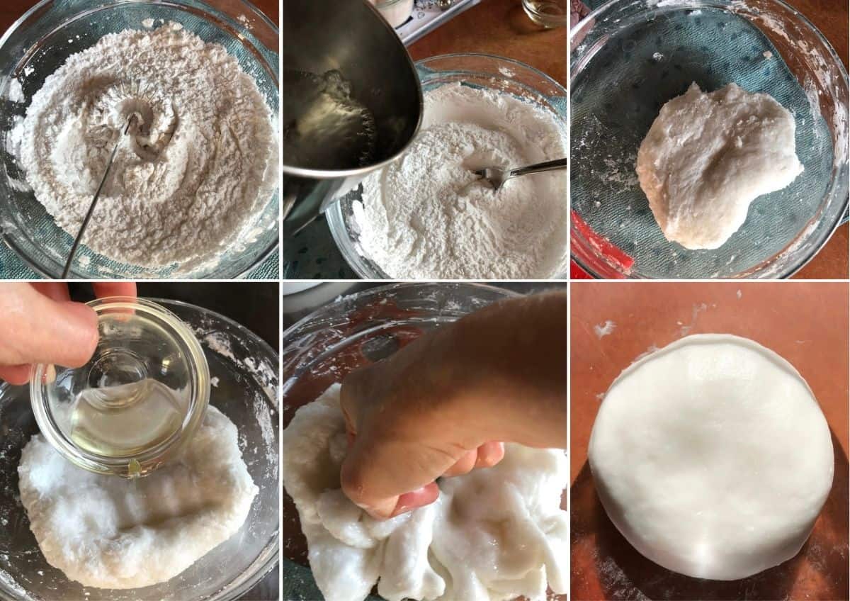 Step by step collage showing how to make har gow wrappers by whisking wheat starch, tapioca starch, and salt, adding scalding water to form a shaggy ball, working in oil, kneading until smooth.
