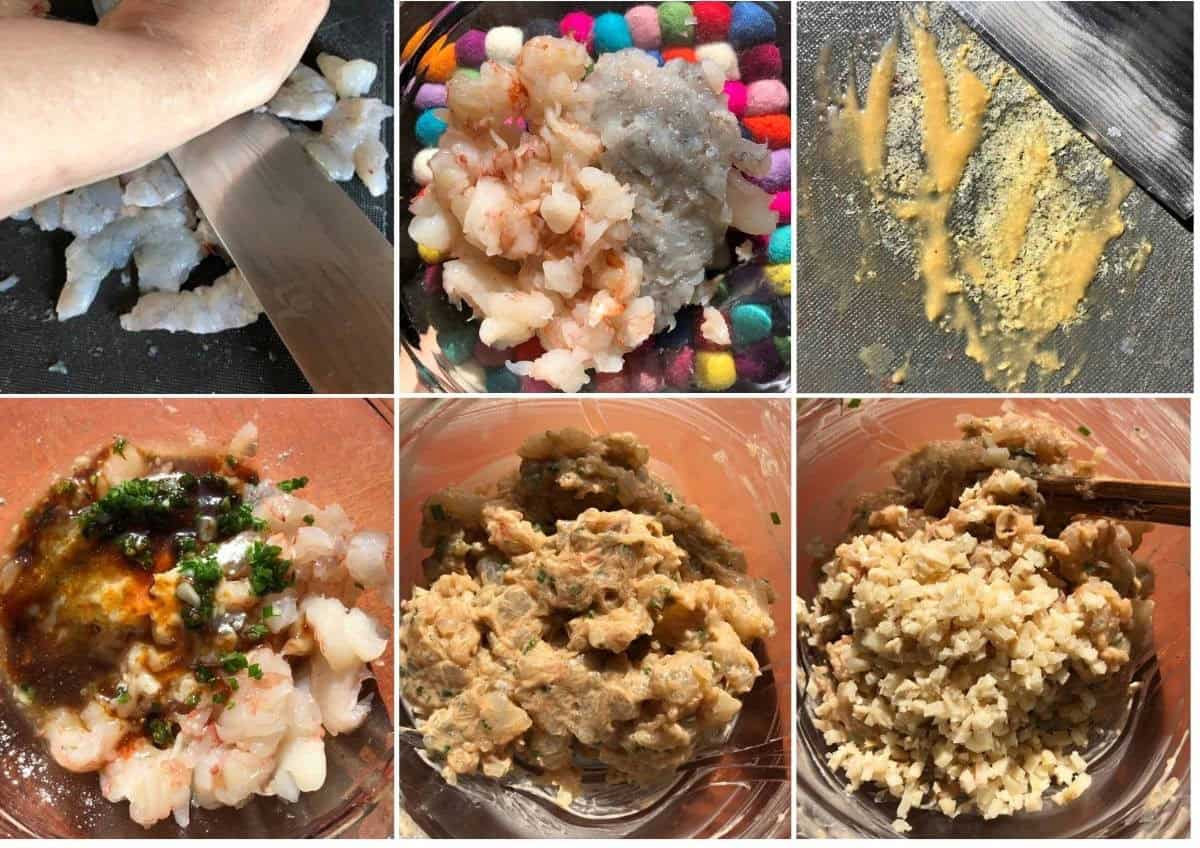 Six panel collage showing how to make har gow filling by smashing and mincing half the shrimp, roughly chopping the rest, adding grated ginger paste and seasonings, and whipping with chopsticks until the mixture lightens and turns pasty and bouncy.
