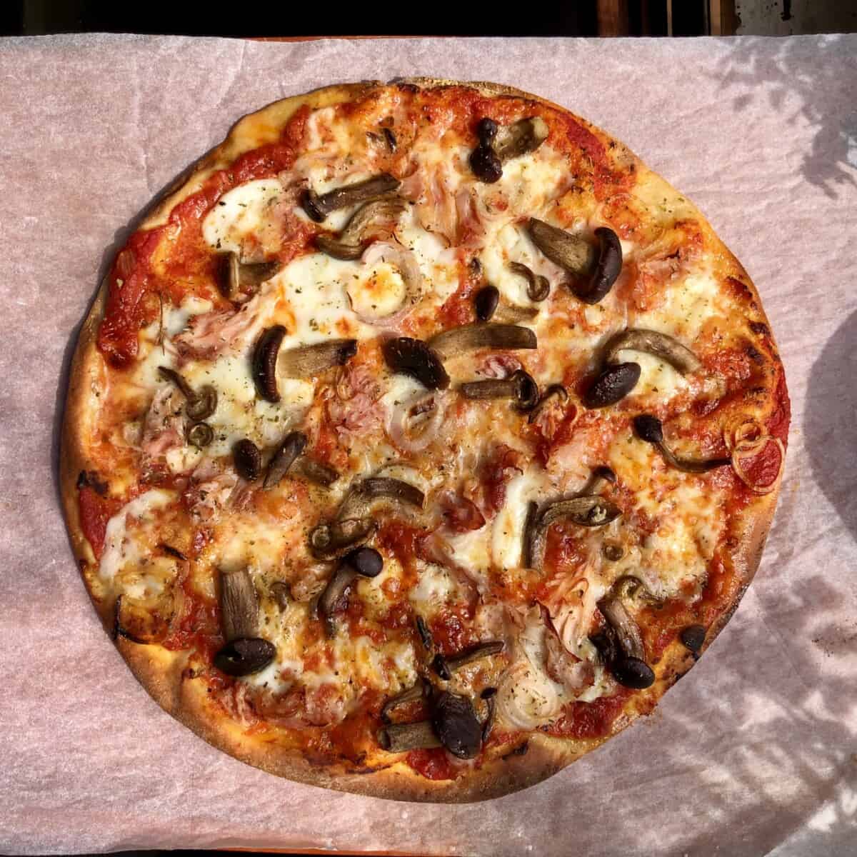 Homemade thin crust pizza with pioppini mushrooms, salame piccante (like spicy pepperonit but larger and way better tasting), halved large shallots, mozzarella and bufula mozzarella and prosciutto cotto (Italian ham)