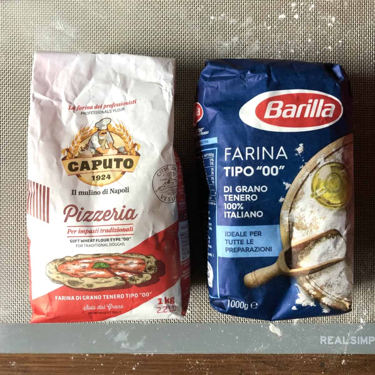 Caputo 12.5% protein 00 Italian flour bag on the left and Barilla 11% 00 Italian flour bag on the right