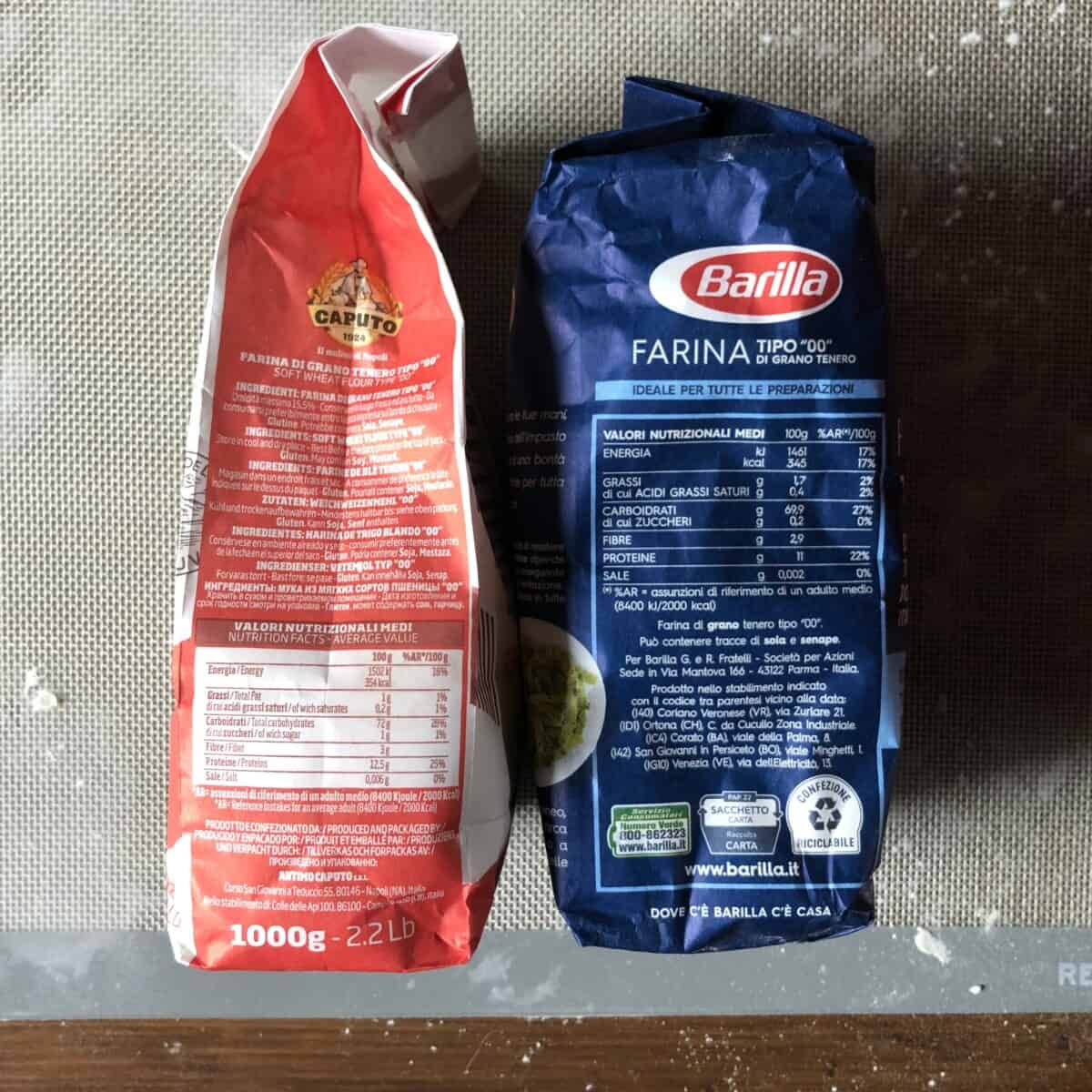 Side view of nutrition labels: Caputo 12.5% protein 00 Italian flour bag on the left and Barilla 11% 00 Italian flour bag on the right