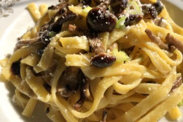a pasta bowl filled with lightly creamy mushroom pasta sprinkled with grated Grana Padano