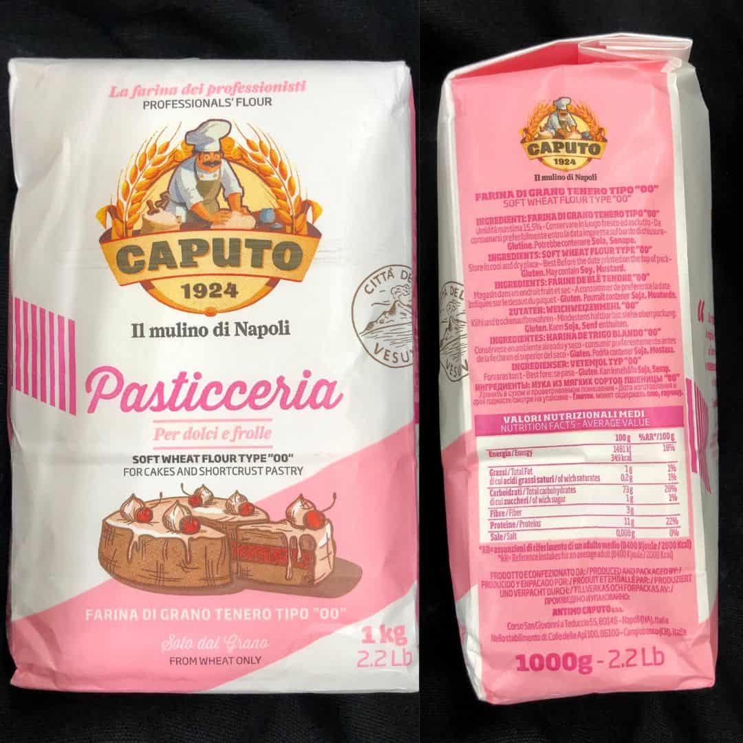 Caputo 00 Pasticceria flour (LEFT) bag front and (RIGHT) side view of bag showing nutritional label