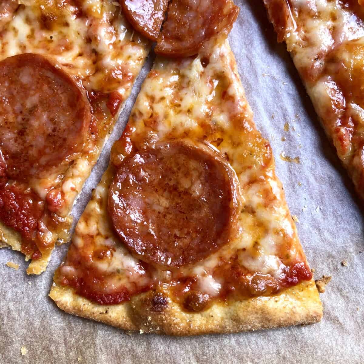 topdown view of a delicious whole wheat pepperoni pizza slice