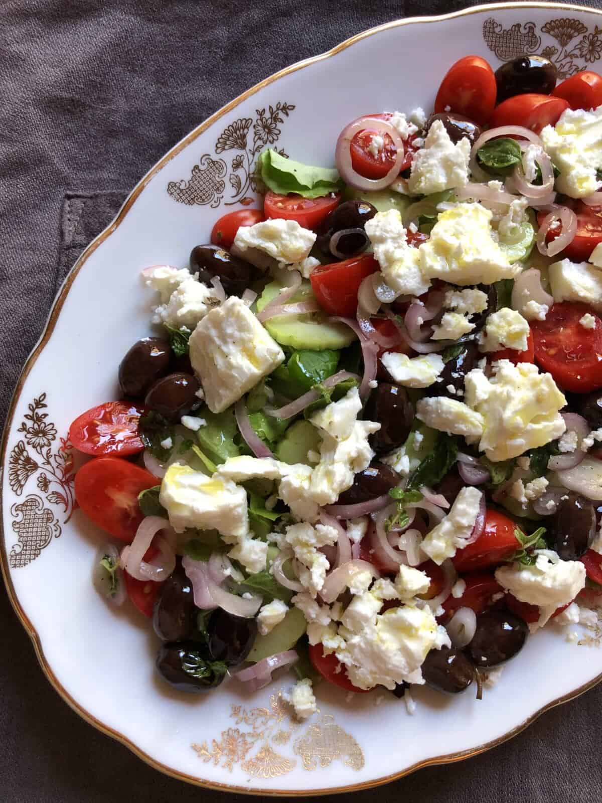 Crispy Greek Salad on an oval platter.