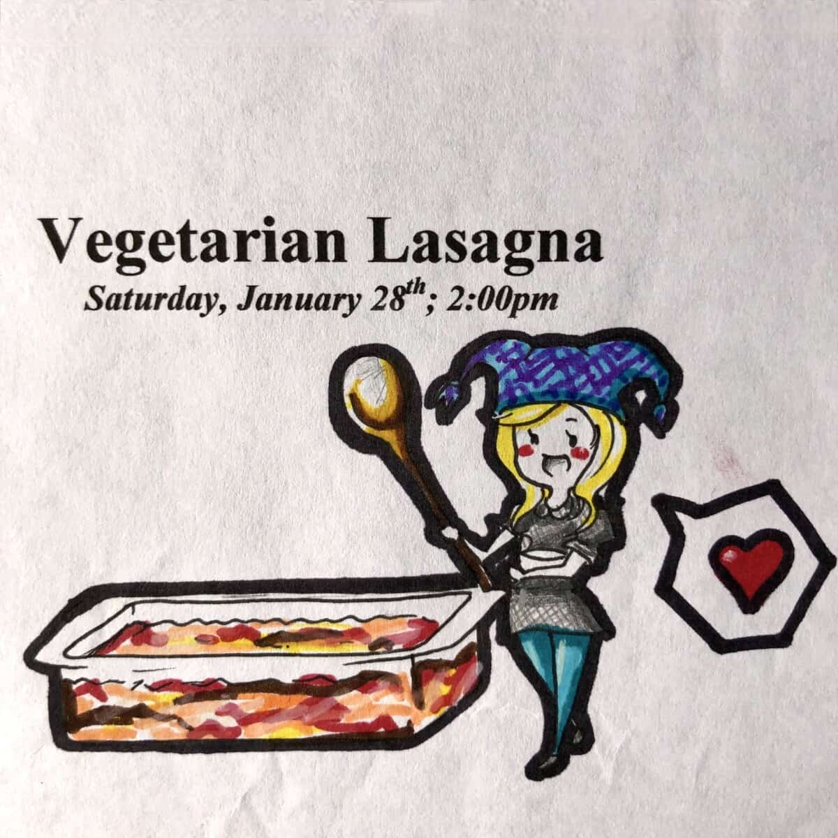 Illustration of kelly holding a giant wooden spoon standing next to a giant pan of homemade vegetarian lasagna
