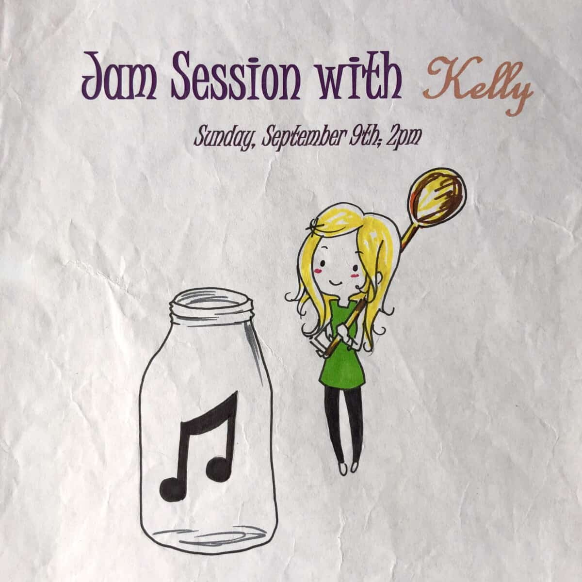 Illustration of Kelly standing next to a gigantic Mason Canning jar with a musical note inside of it and Kelly holding a huge wooden spoon