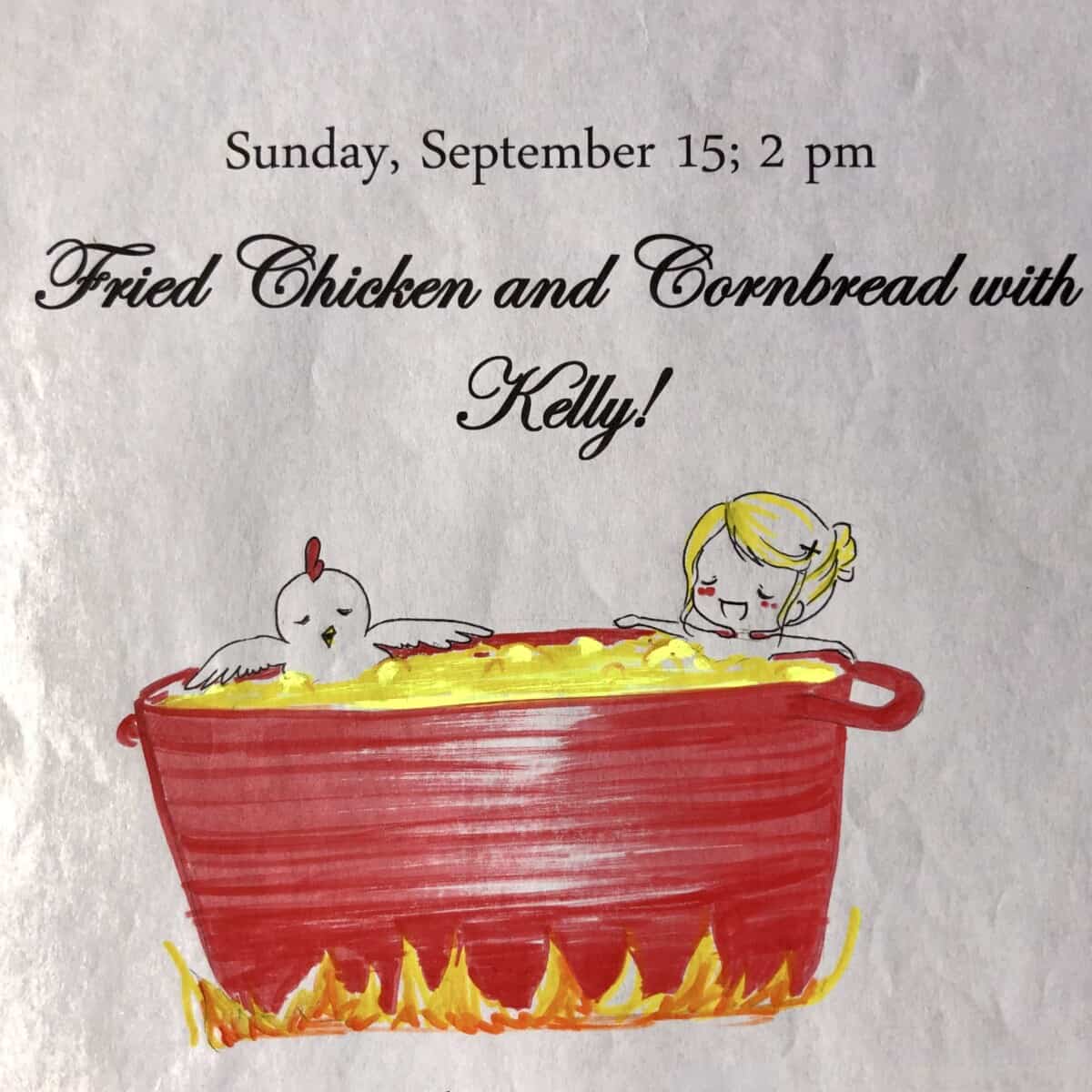 Illustration of Kelly kelly sitting in a giantic red Le Creuset dutch oven in boiling hot oil with her arms relaxing on the sides as if it were a hot tub and a chicken doing the same thing on the other side with fire coming up around the pot from the bottom.